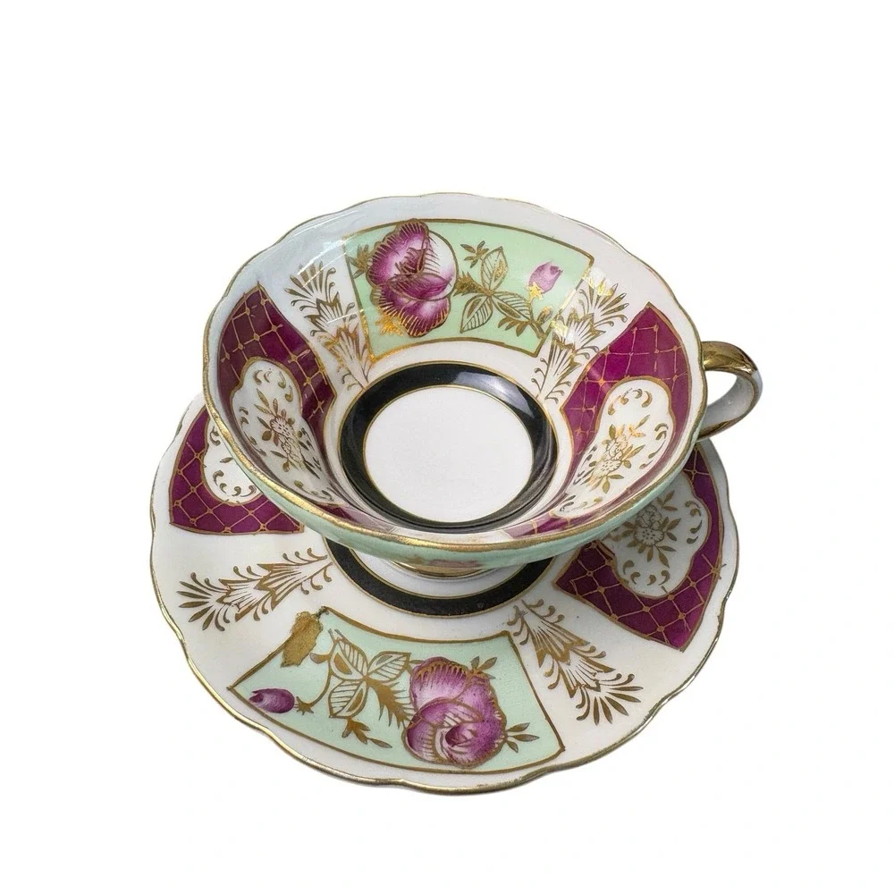 Vintage Japan‎ Teacup Saucer Pink Rose Gold Gilt Mint Green Floral China